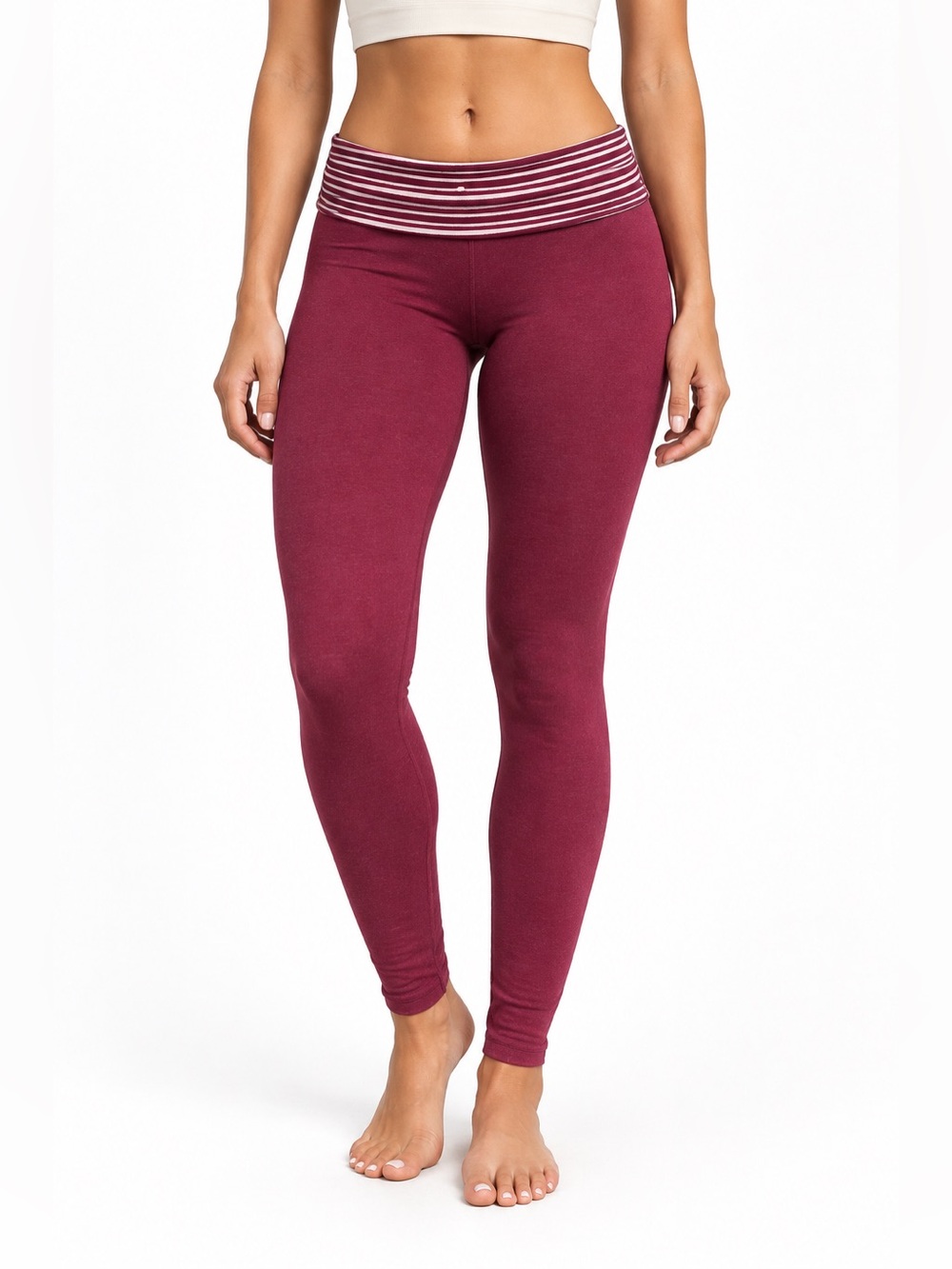 Vintage Hard Tail Forever Fold Over Yoga Leggings Burgundy Stripe Waist Size S M